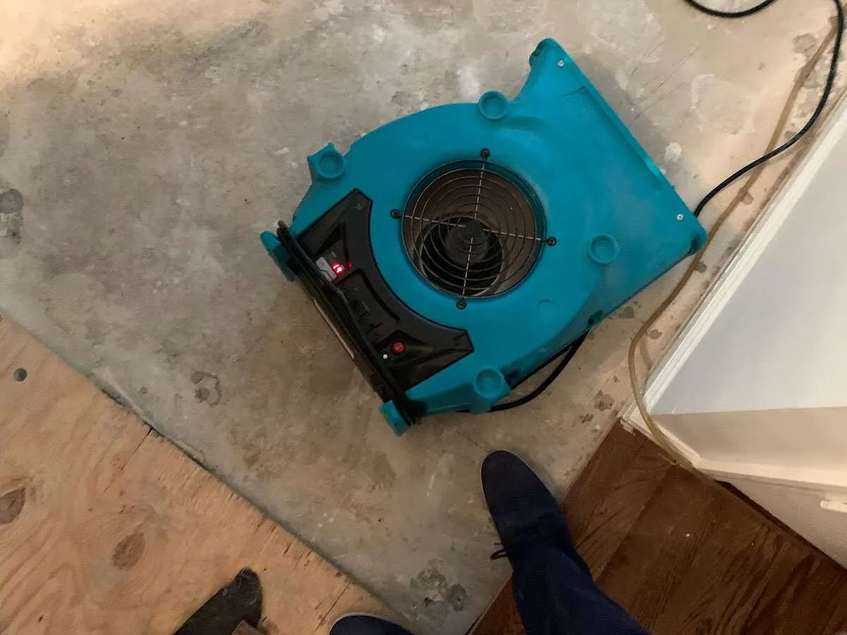 Air mover drying subfloor during Leak Detection & Repair in Gardiner